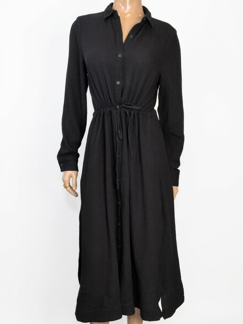 Roots Isla Cotton Gauze Shirt Dress Long Sleeve Buttoned Drawstring Black Small
